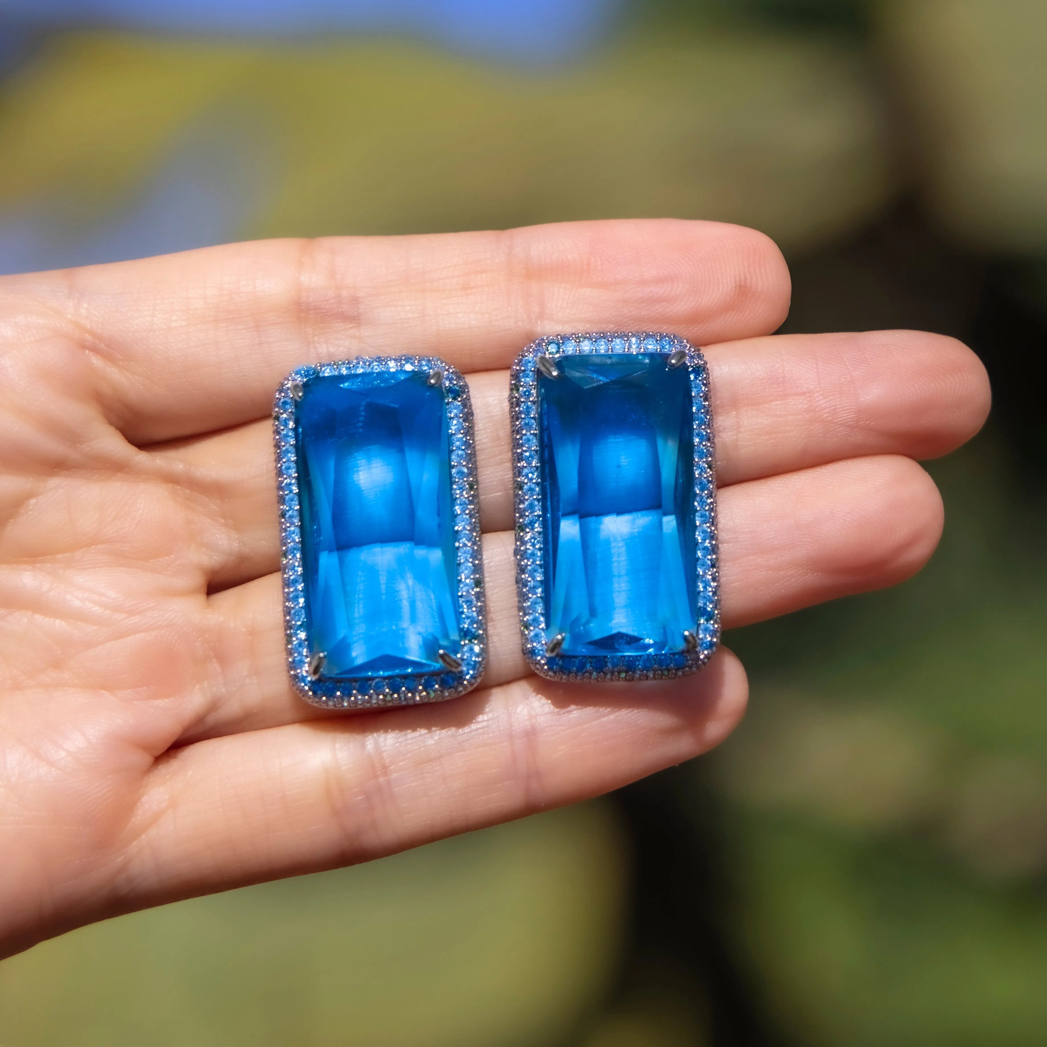 Aretes XL de piedra azul - chapa de rodio