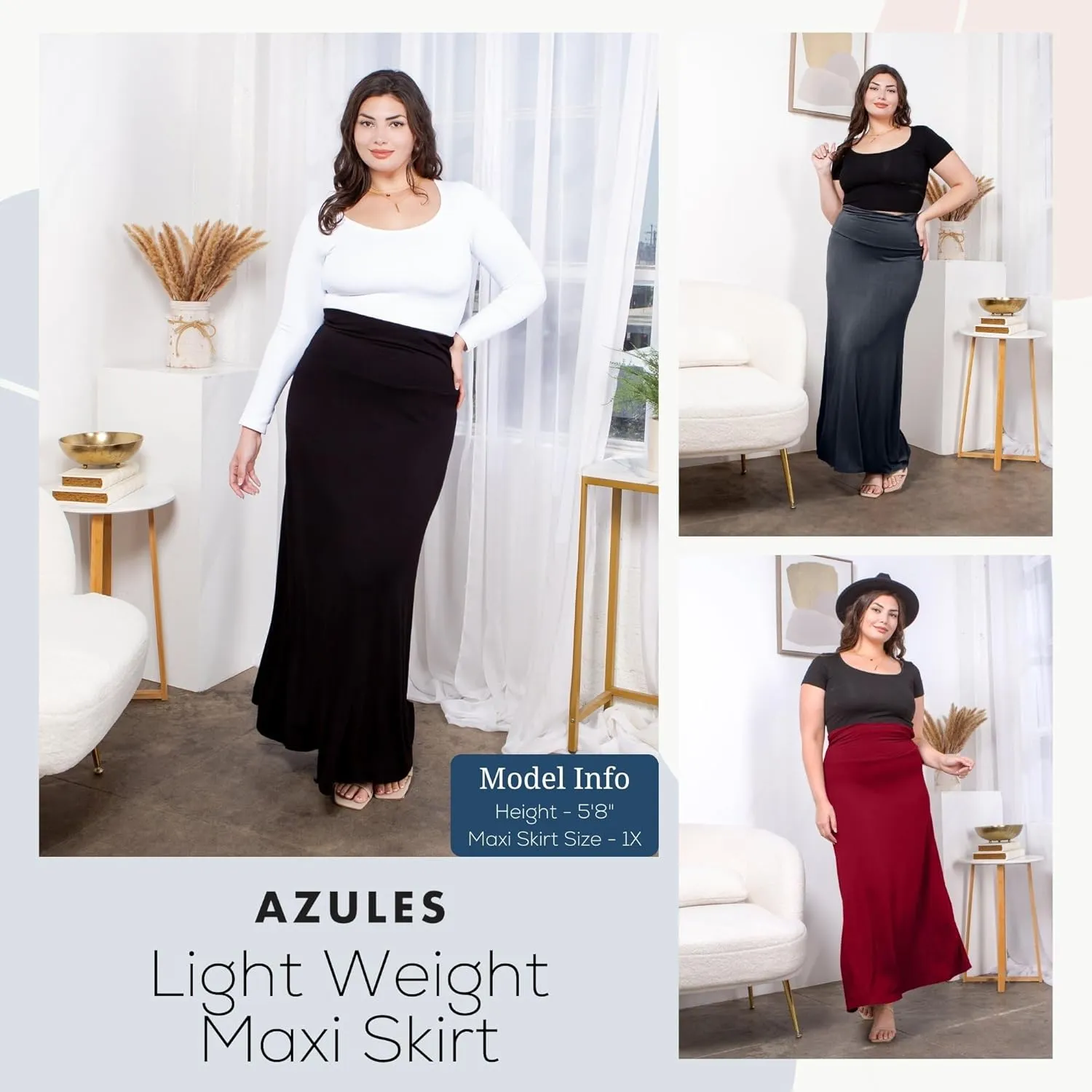 Azules High Waisted Maxi Skirts for Women - Standard & Plus Size Ankle Length Skirt - Formal & Casual Long Skirt for Women