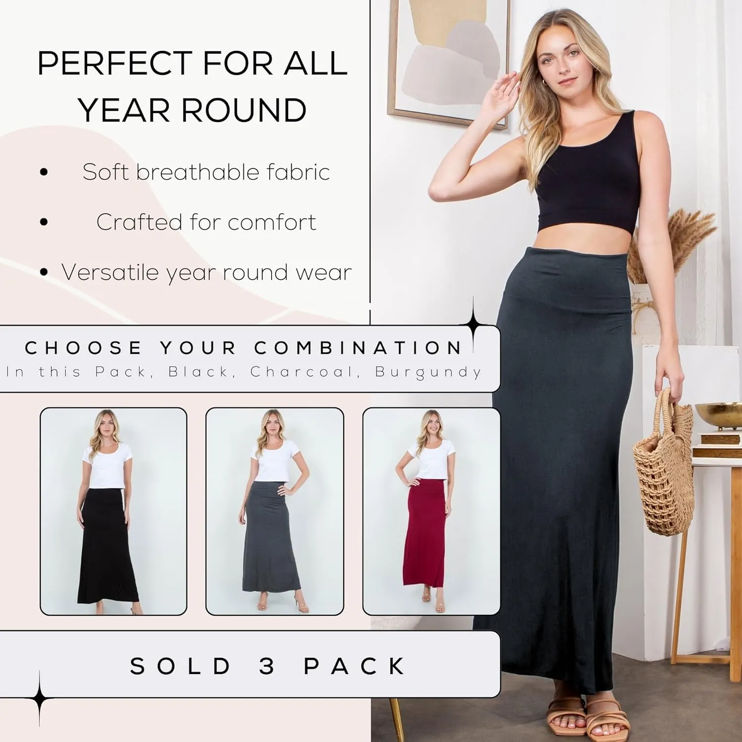 Azules High Waisted Maxi Skirts for Women - Standard & Plus Size Ankle Length Skirt - Formal & Casual Long Skirt for Women