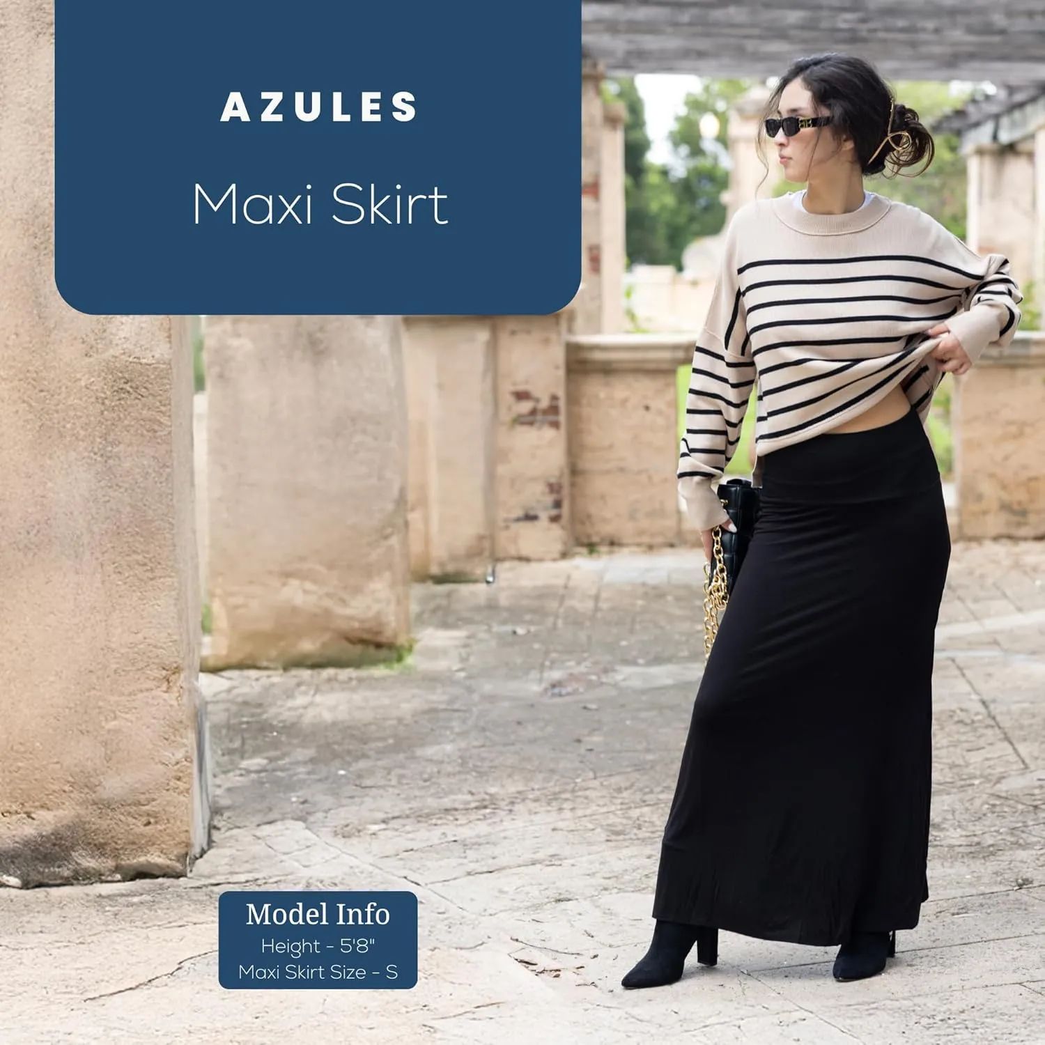 Azules Women's Maxi Skirt: Elegant, Soft, Stretchy Flowy Rayon Boho, High Waist Fold Over ?C Versatile for Any Occasion.