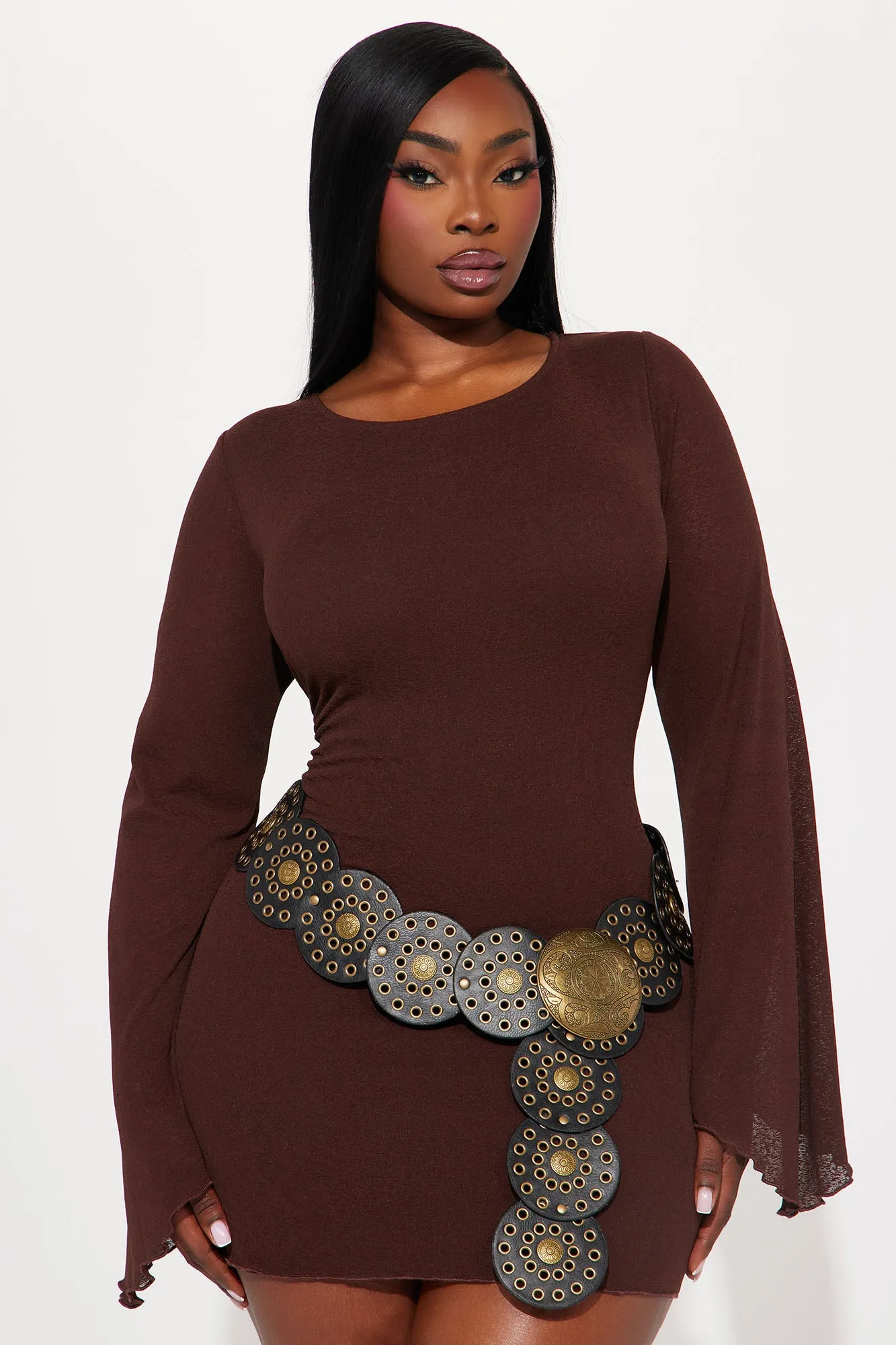 Bardot Belted Mini Dress - Chocolate