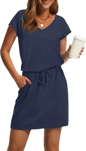 BAXLIMEK Mini Dresses for Women Summer Casual Loose V Neck Short Sleeve T Shirt Dress,Comfy Drawstring Striped Beach Dress