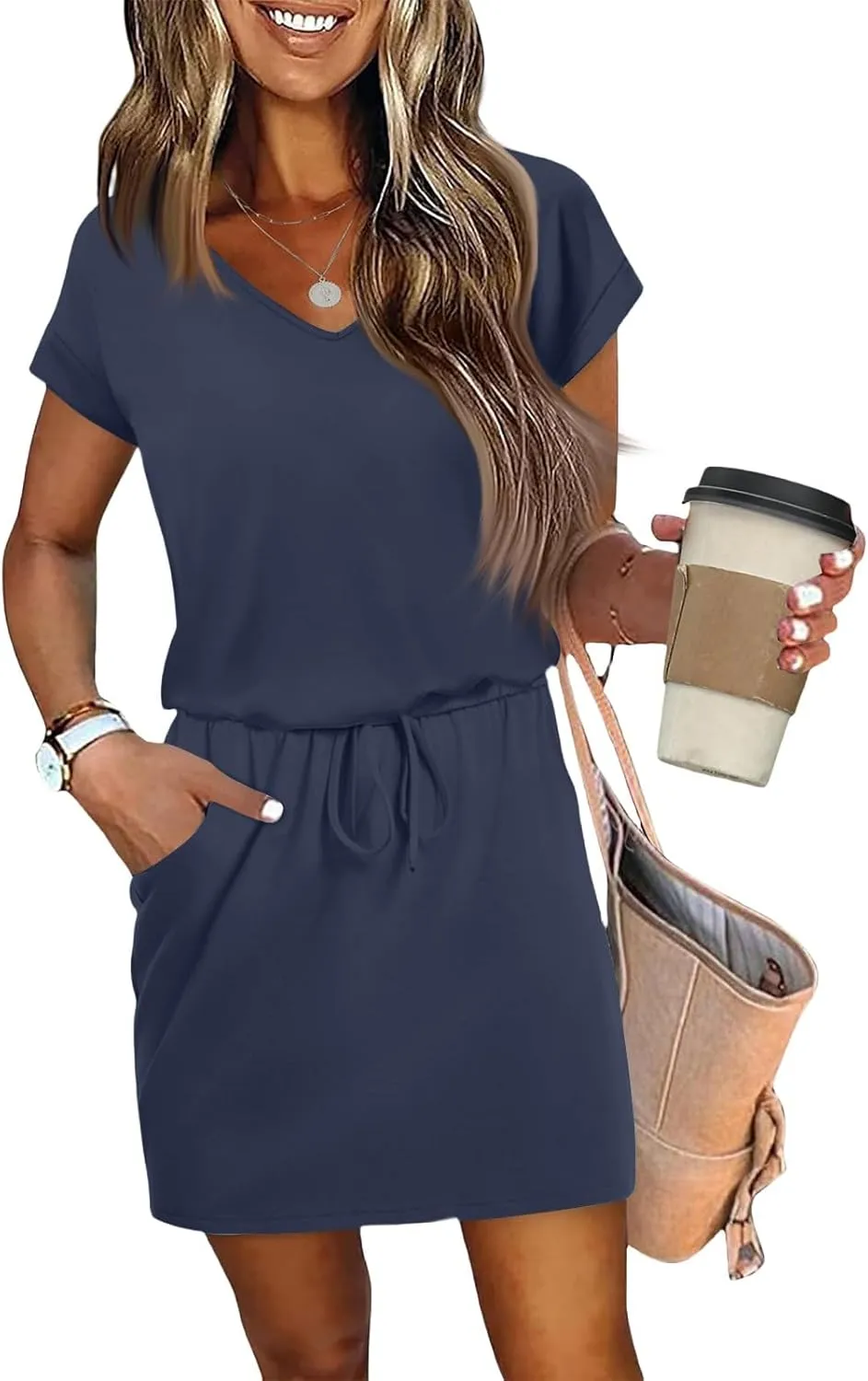 BAXLIMEK Mini Dresses for Women Summer Casual Loose V Neck Short Sleeve T Shirt Dress,Comfy Drawstring Striped Beach Dress