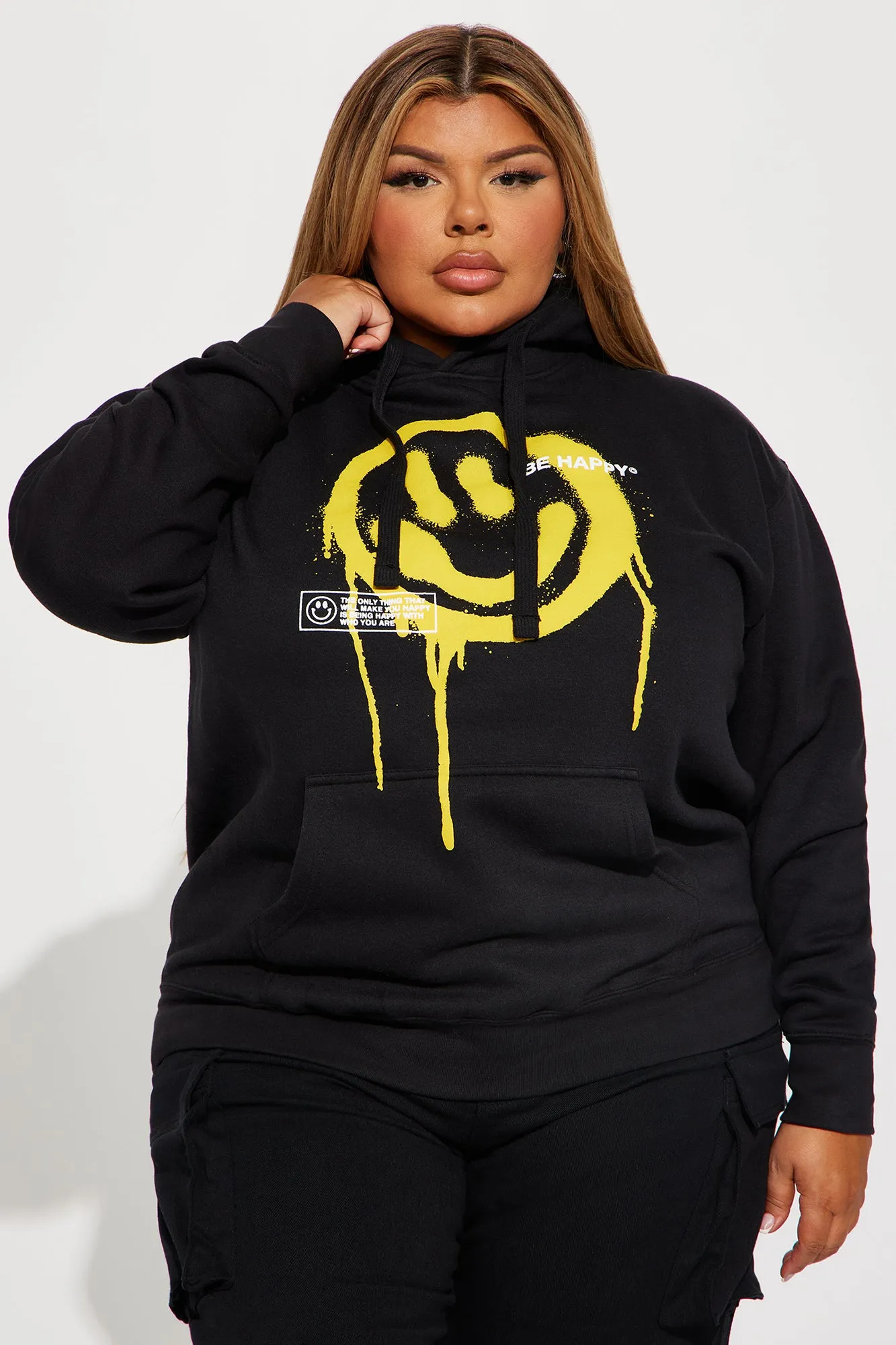 Be Happy Smiley Face Hoodie - Black