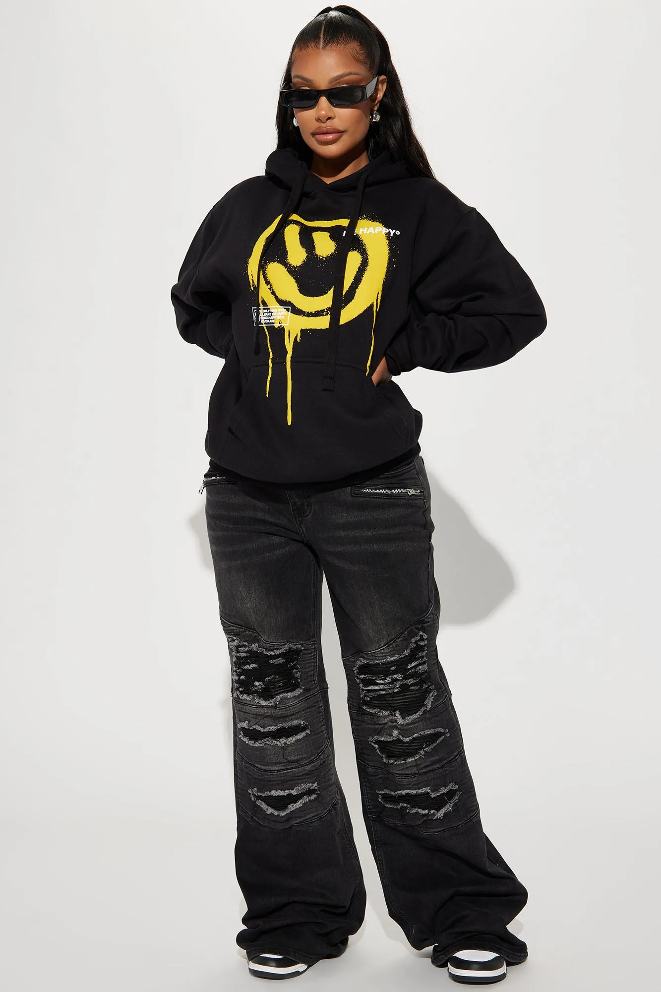 Be Happy Smiley Face Hoodie - Black