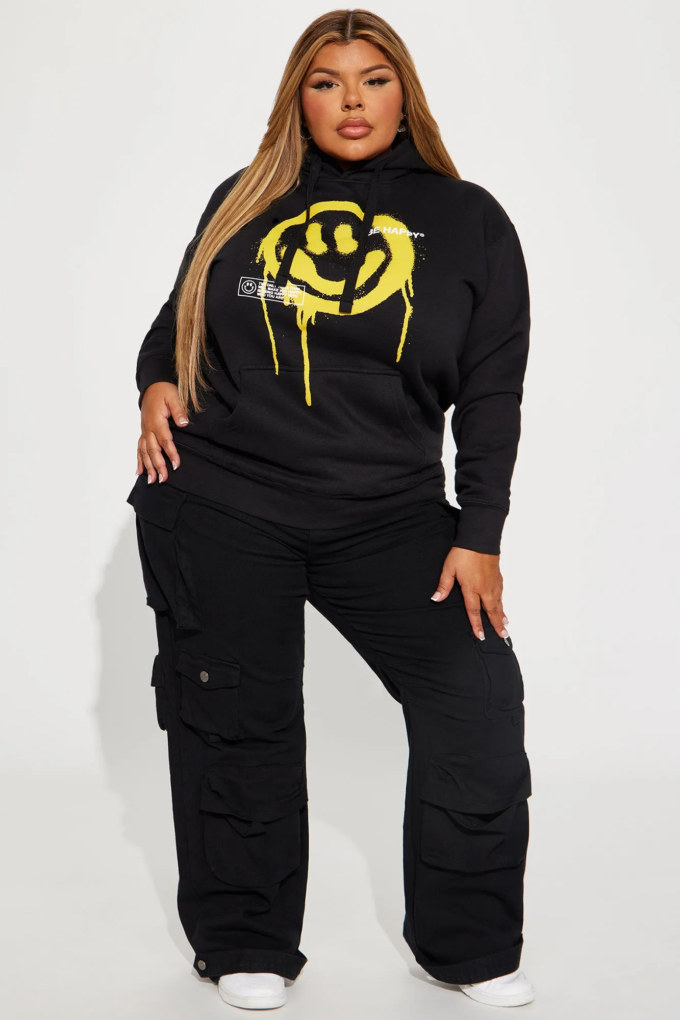 Be Happy Smiley Face Hoodie - Black