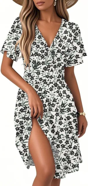 Boho Floral Knee Length Summer Sundresses for Women, V-Neck Short Sleeve High Waist Loose Fit Casual Beach Dress