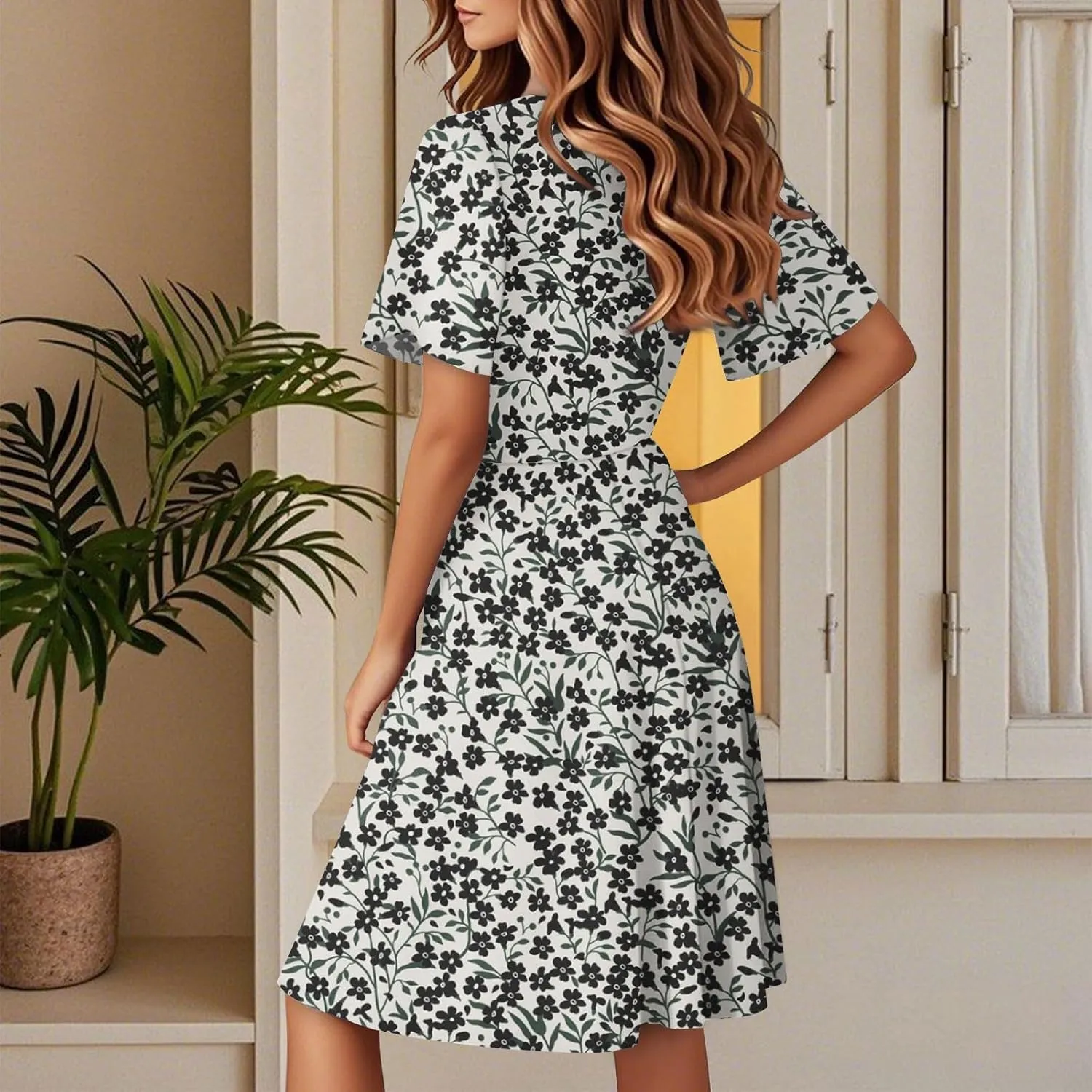 Boho Floral Knee Length Summer Sundresses for Women, V-Neck Short Sleeve High Waist Loose Fit Casual Beach Dress