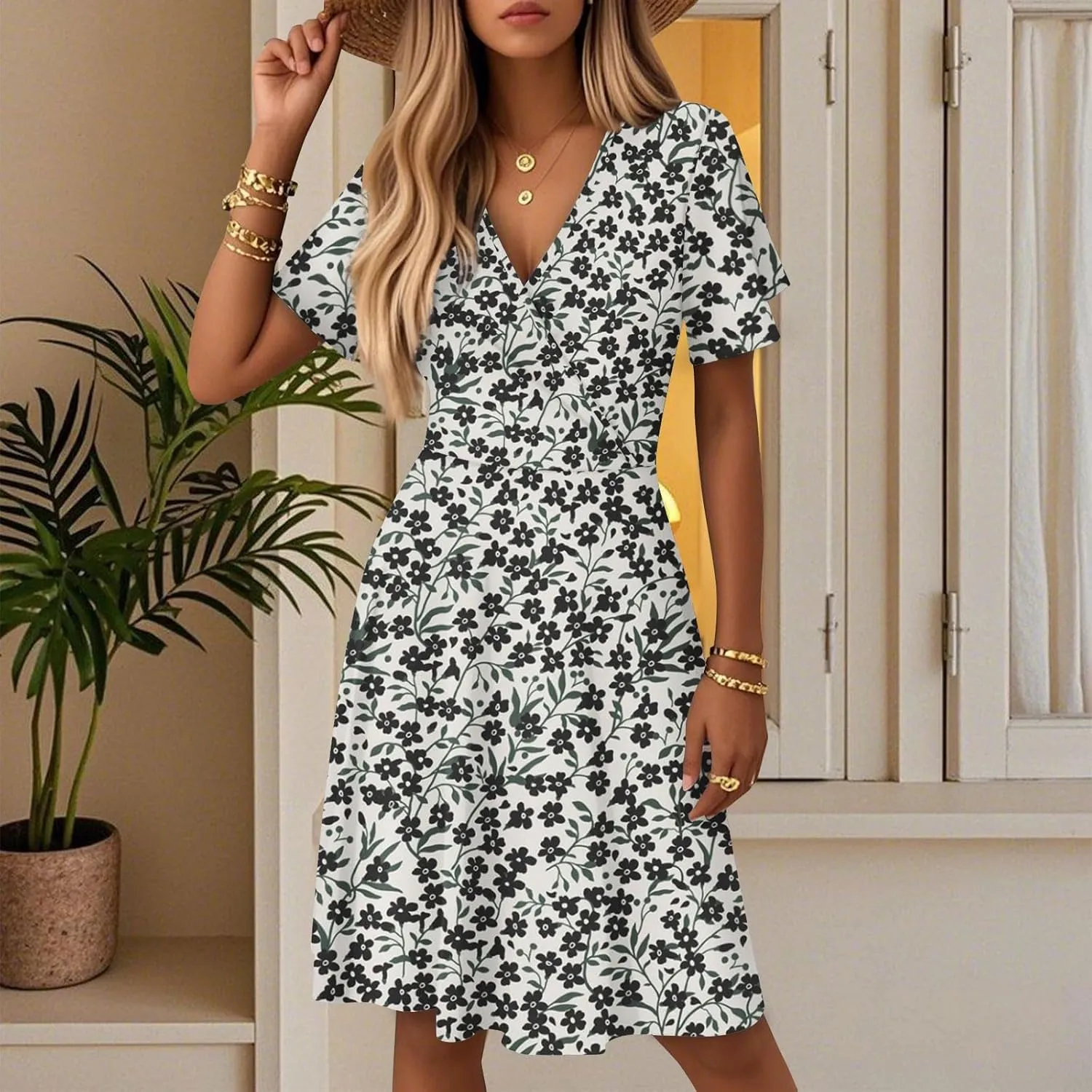 Boho Floral Knee Length Summer Sundresses for Women, V-Neck Short Sleeve High Waist Loose Fit Casual Beach Dress