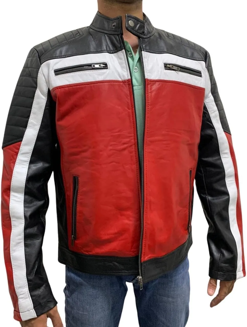 Cafe Racer Mens Vintage Retro Quilted Motorcycle Red and Black Biker Leather Jacket