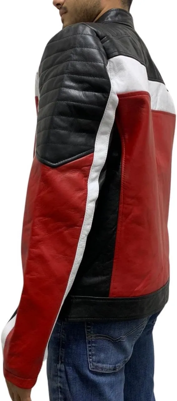 Cafe Racer Mens Vintage Retro Quilted Motorcycle Red and Black Biker Leather Jacket
