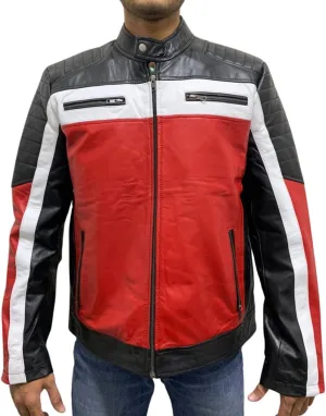 Cafe Racer Mens Vintage Retro Quilted Motorcycle Red and Black Biker Leather Jacket