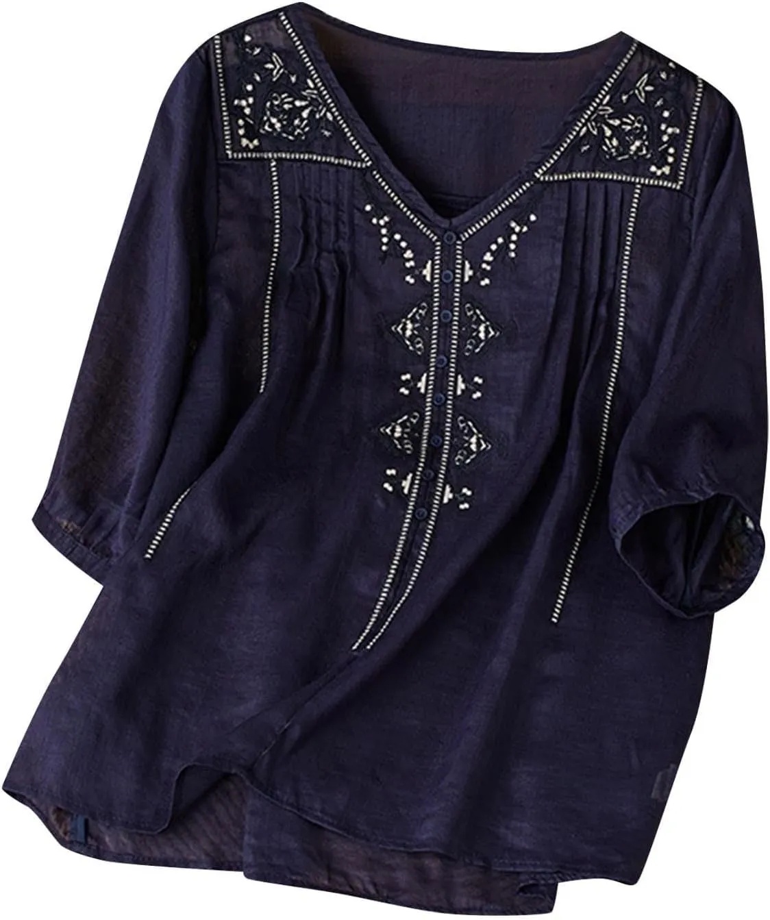 Cotton Linen Shirts for Women Summer Floral Embroidered 3/4 Sleeve Flowy Gauze Blouses Dressy Casual Boho Tops