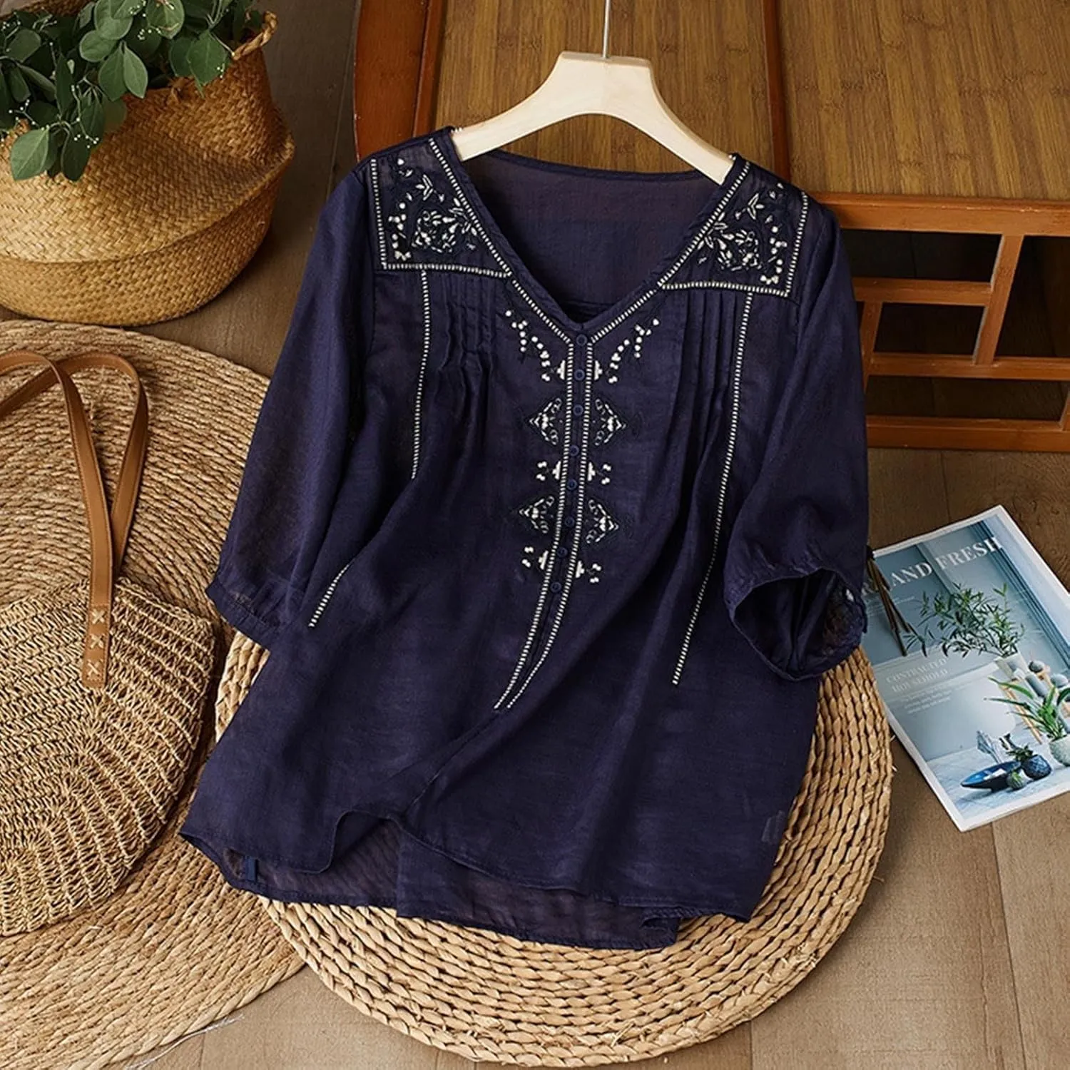 Cotton Linen Shirts for Women Summer Floral Embroidered 3/4 Sleeve Flowy Gauze Blouses Dressy Casual Boho Tops
