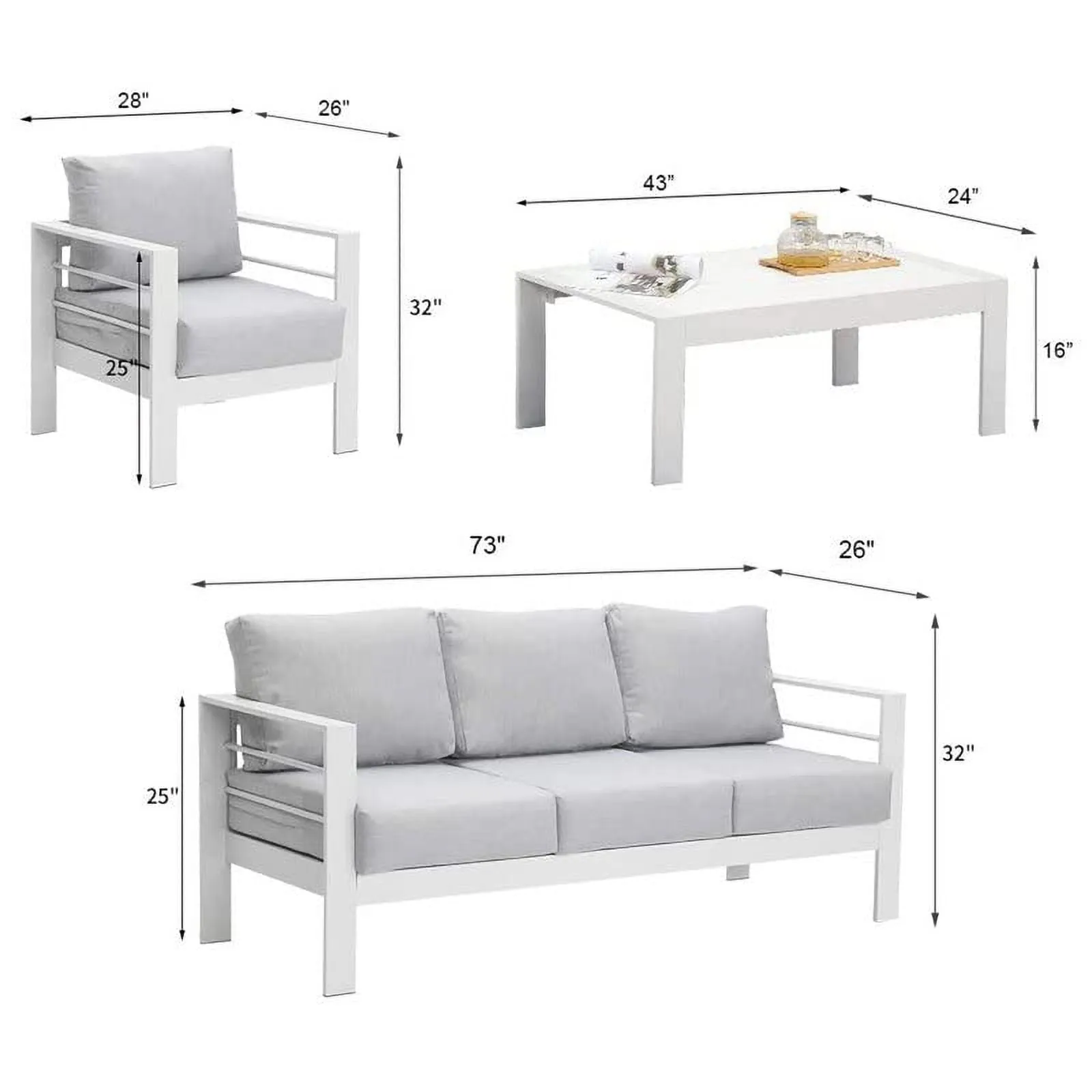 CozyHome 5-Seat Outdoor Patio Aluminum Sofa Furnitre Sets For All-Season White Porch Couch Set, Indoor Patio Blancos Outdoor Aluminum Sectional Conversation Set With Table And Cushions, White
