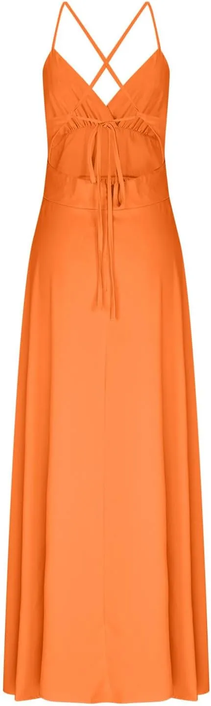 Dresses for Women Sexy Low Cut Wrap V Neck Tie Up Backless Pleated Maxi Dress Side Split Cocktail Wedding Party Gowns