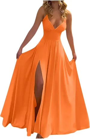 Dresses for Women Sexy Low Cut Wrap V Neck Tie Up Backless Pleated Maxi Dress Side Split Cocktail Wedding Party Gowns