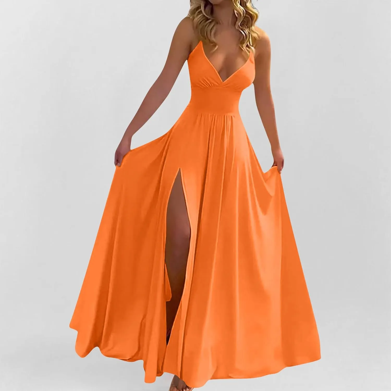 Dresses for Women Sexy Low Cut Wrap V Neck Tie Up Backless Pleated Maxi Dress Side Split Cocktail Wedding Party Gowns