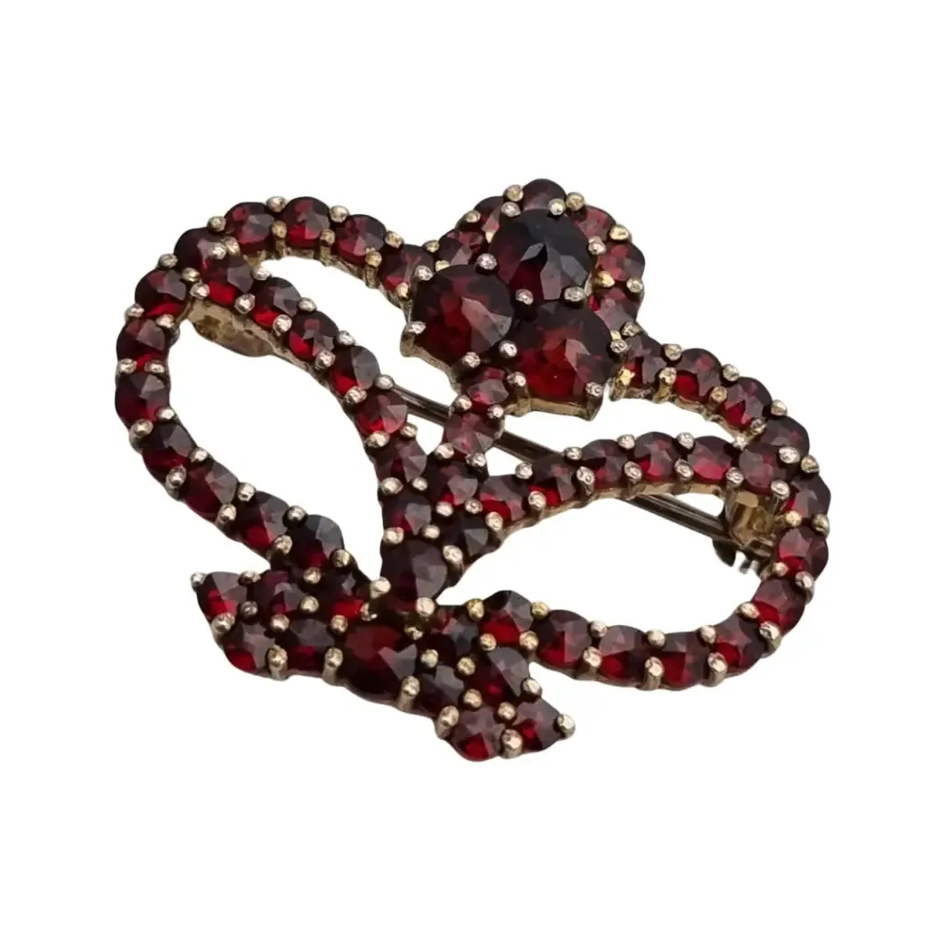 Garnet brooch in the shape of a crown, 800 gilded silver, late Victorian style.
