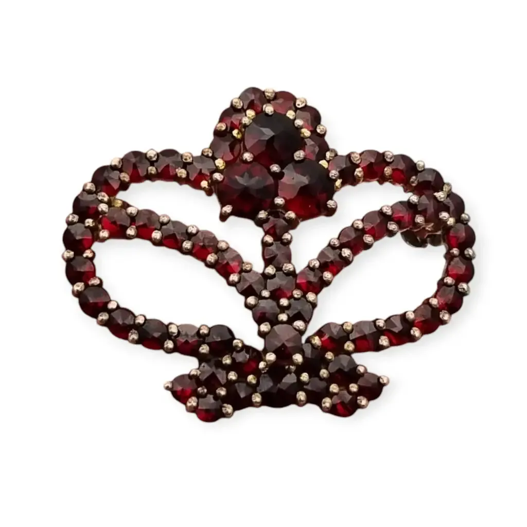 Garnet brooch in the shape of a crown, 800 gilded silver, late Victorian style.