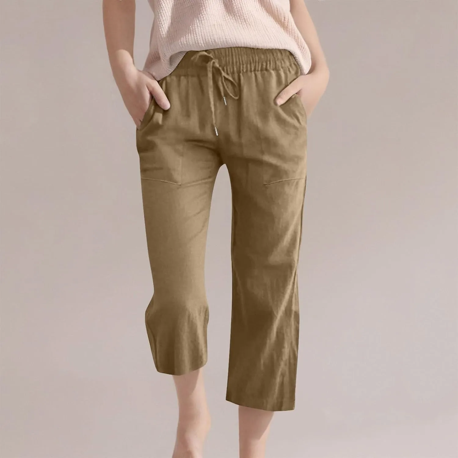 Girls 3/4 Linen Straight Wide Leg Pants Baggy Solid Color High Elastic Waist Trousers Lightweight Pants with Pockets