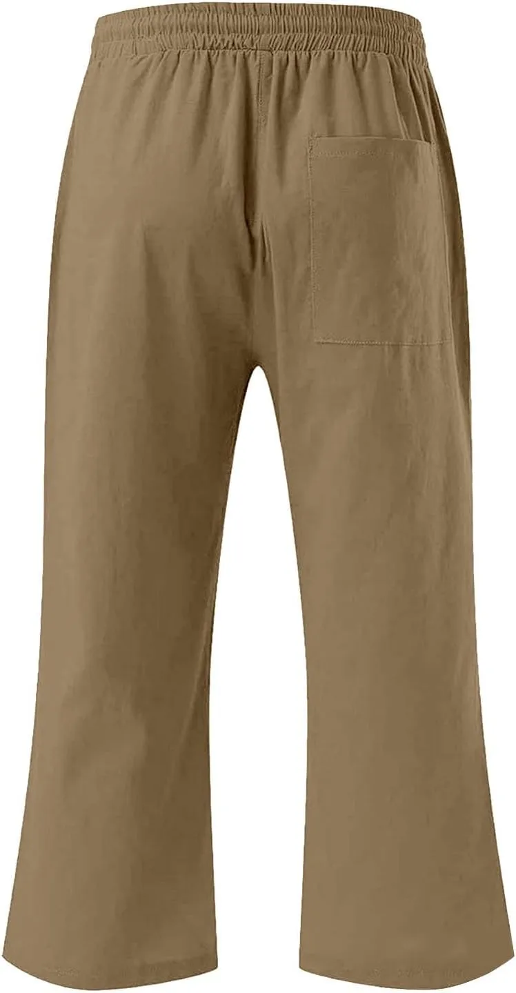 Girls 3/4 Linen Straight Wide Leg Pants Baggy Solid Color High Elastic Waist Trousers Lightweight Pants with Pockets