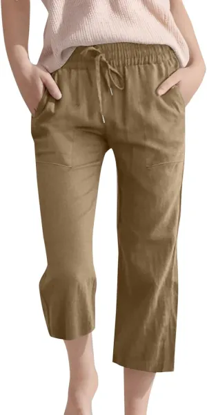 Girls 3/4 Linen Straight Wide Leg Pants Baggy Solid Color High Elastic Waist Trousers Lightweight Pants with Pockets
