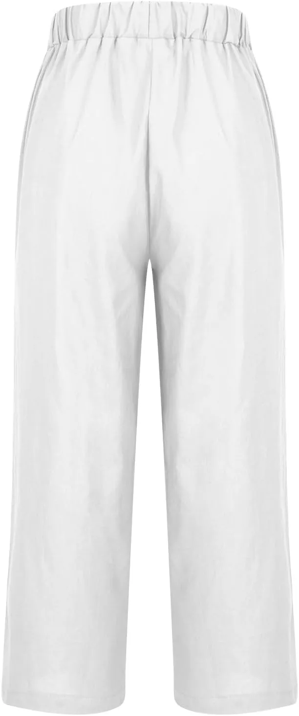 High Waisted Pants for Women Solid Elastic Waist Cotton Linen Trousers Versatile Straight Tube Wide Leg Pants