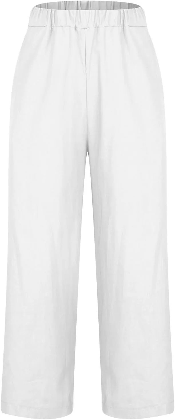 High Waisted Pants for Women Solid Elastic Waist Cotton Linen Trousers Versatile Straight Tube Wide Leg Pants