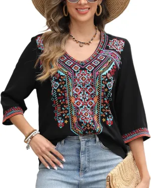 Higustar Women's Embroidered Tops Boho Floral Tunics Fiesta Shirts Peasant Hippie Clothes Traditional Bohemian Blouses