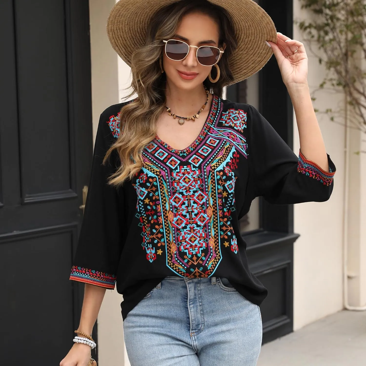 Higustar Women's Embroidered Tops Boho Floral Tunics Fiesta Shirts Peasant Hippie Clothes Traditional Bohemian Blouses