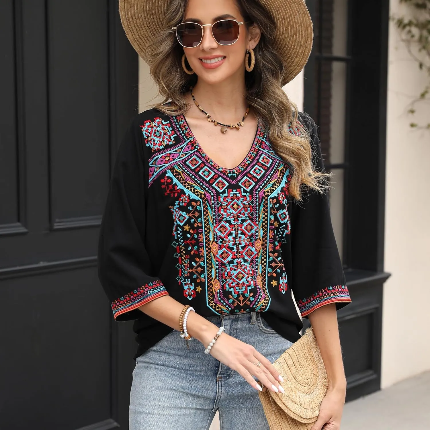 Higustar Women's Embroidered Tops Boho Floral Tunics Fiesta Shirts Peasant Hippie Clothes Traditional Bohemian Blouses