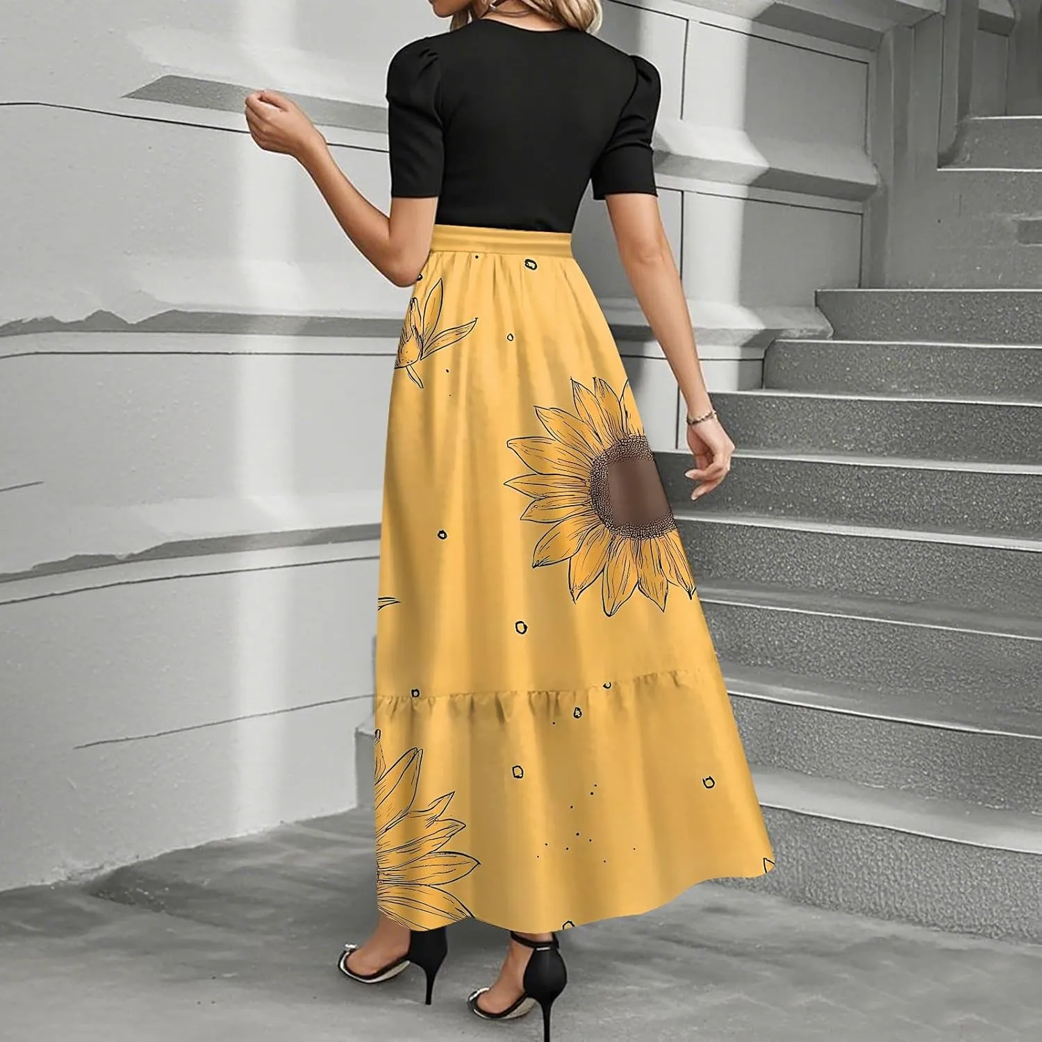 Kenvina Summer Dresses for Women Floral Print Flowy Dress Patchwork Empire Waist Short Sleeve Dress Tie Belted Maxi Dress