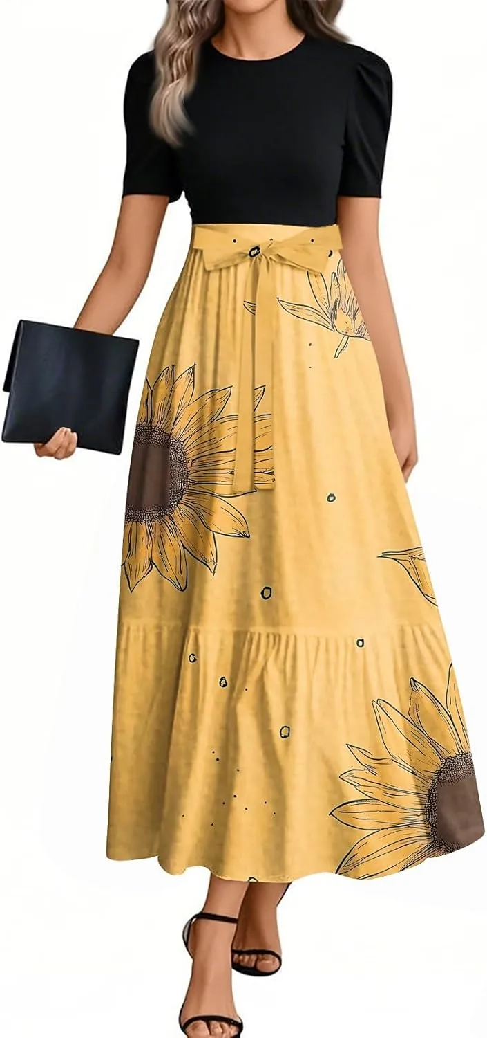 Kenvina Summer Dresses for Women Floral Print Flowy Dress Patchwork Empire Waist Short Sleeve Dress Tie Belted Maxi Dress