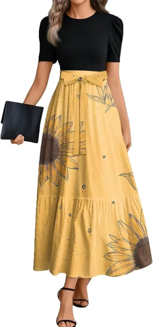 Kenvina Summer Dresses for Women Floral Print Flowy Dress Patchwork Empire Waist Short Sleeve Dress Tie Belted Maxi Dress