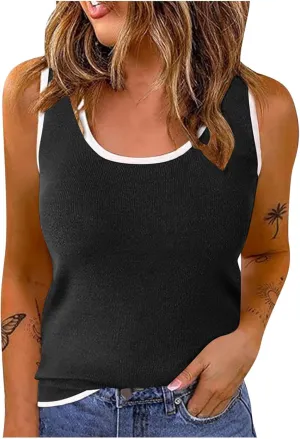 Knit Tank Tops for Women Summer Racer Back White Trim Vest Crewneck Sleeveless Tops Light Track Breathable Shirts