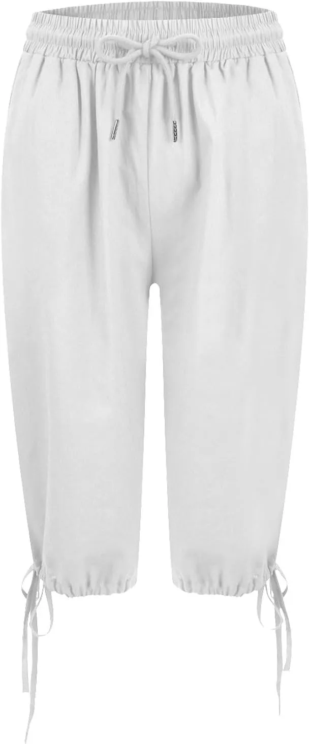 Linen Bermuda Shorts for Women Knee Length Elastic Waist Casual Shorts Loose Fit Comfy Linen Beach Pants with Pockets