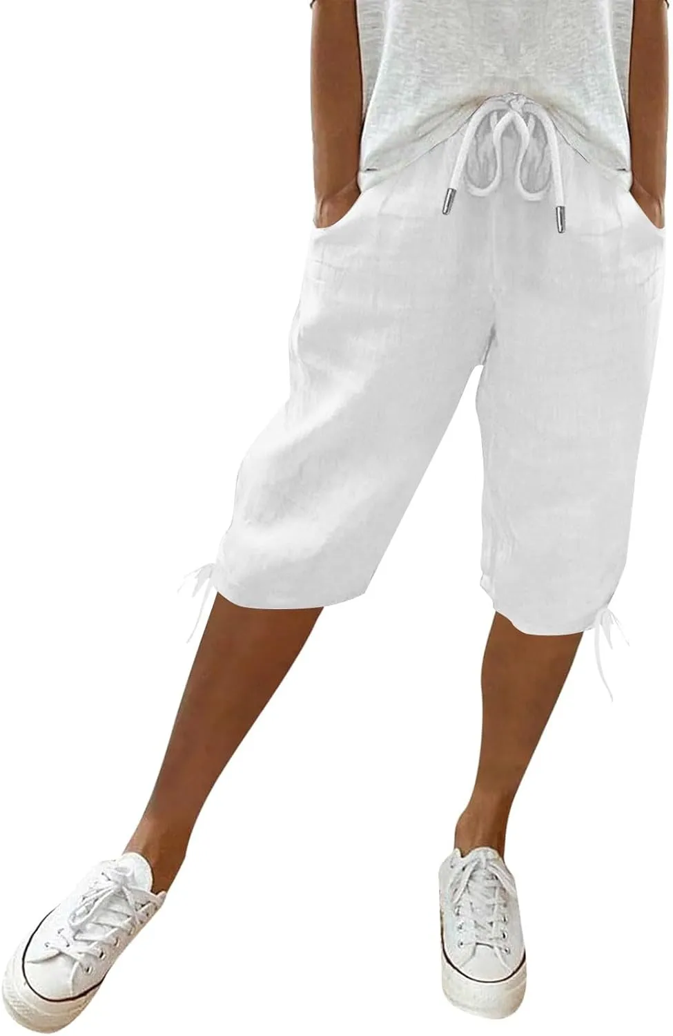 Linen Bermuda Shorts for Women Knee Length Elastic Waist Casual Shorts Loose Fit Comfy Linen Beach Pants with Pockets