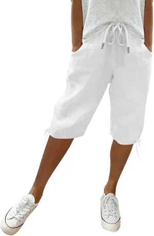 Linen Bermuda Shorts for Women Knee Length Elastic Waist Casual Shorts Loose Fit Comfy Linen Beach Pants with Pockets