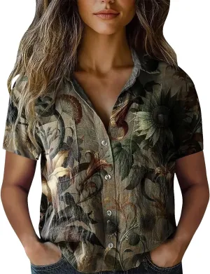 Linen Boho Tops for Women Hippie 2025 Summer Short Sleeve Button Up Shirts Vintage Floral Printed Loose Blouses