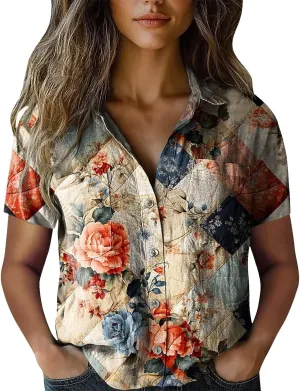 Linen Boho Tops for Women Hippie 2025 Summer Short Sleeve Button Up Shirts Vintage Floral Printed Loose Blouses