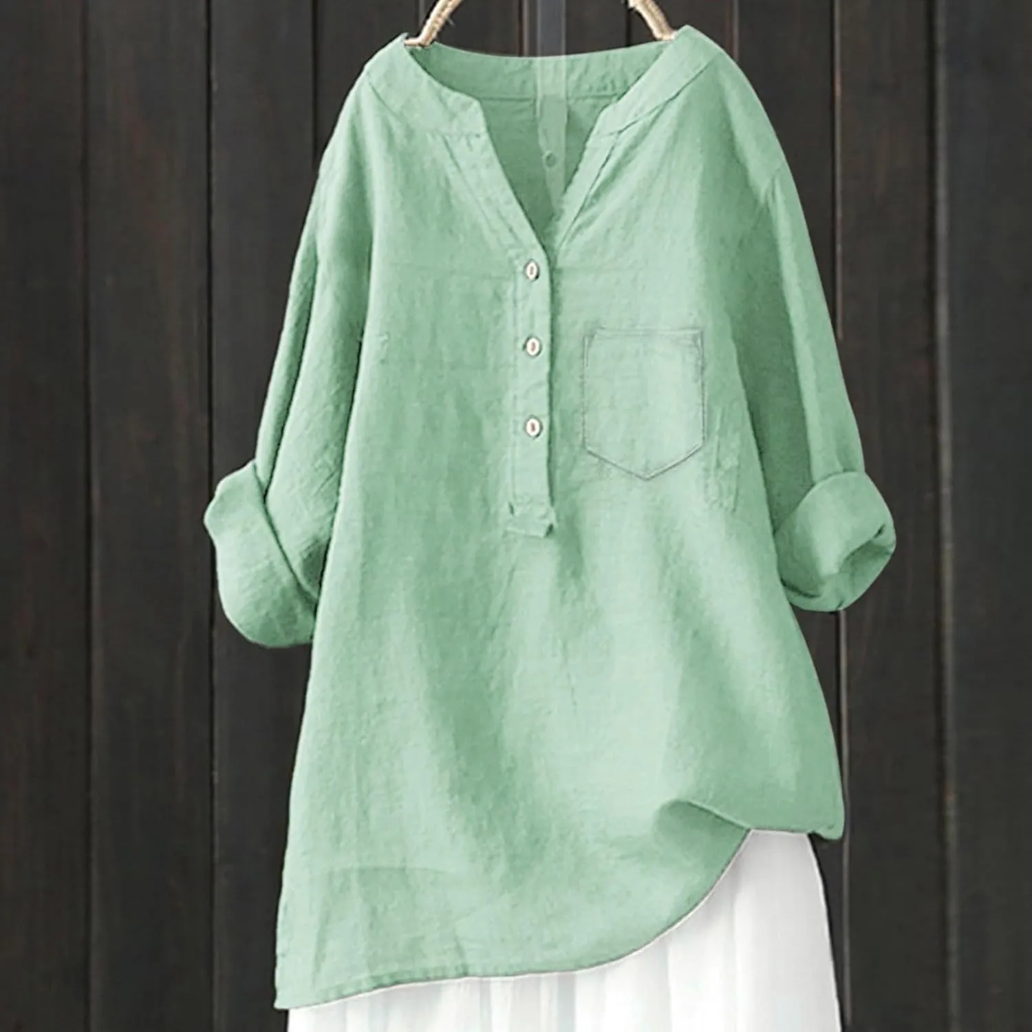 Linen Button Down Shirt for Women 3/4 Sleeve V Neck Summer Cotton Linen Tunic Top with Pocket Loose Fit Tshirt Casual Blouse