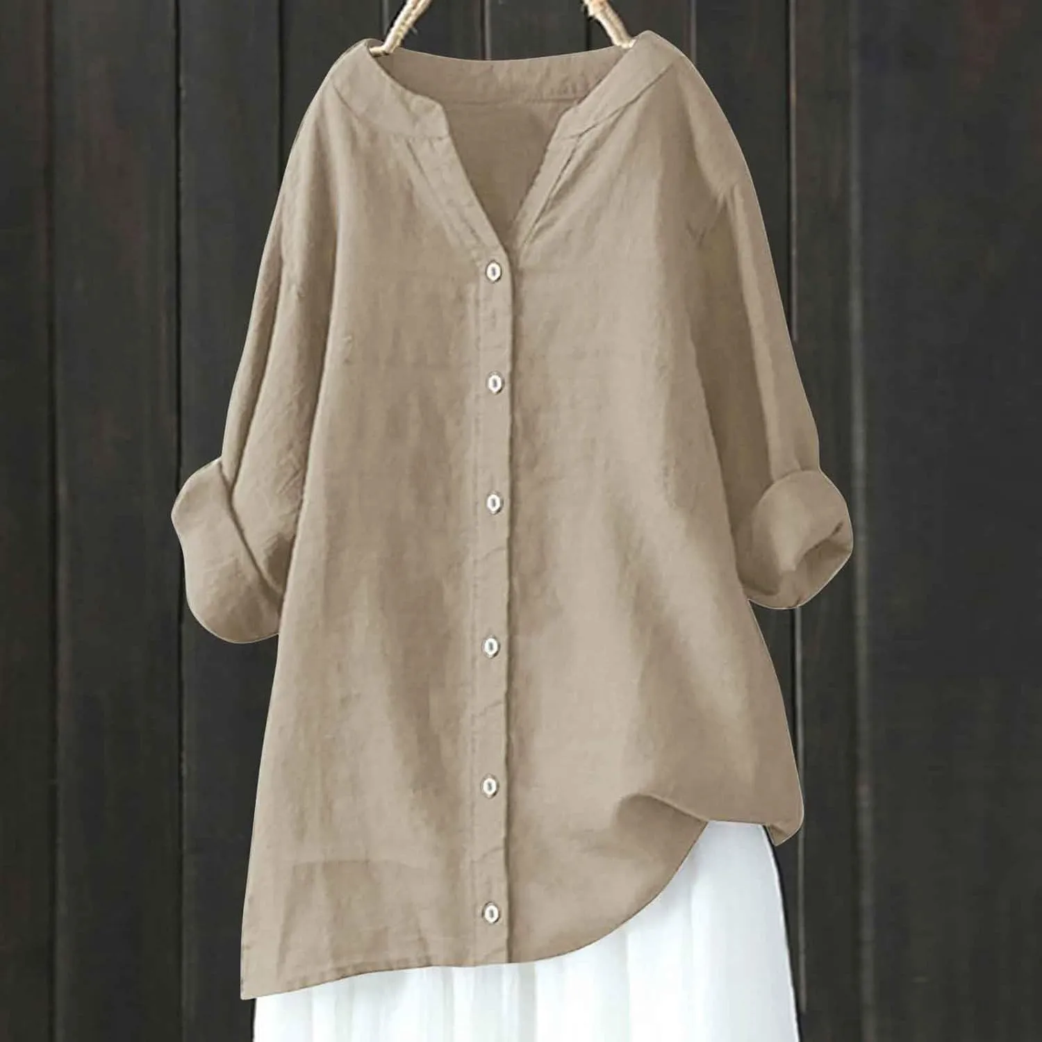Linen Shirts for Women Short Sleeve Loose Button Shirt Top Stand Solid Color Medium Sleeve Long Sleeve Cotton Gauze