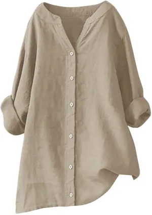 Linen Shirts for Women Short Sleeve Loose Button Shirt Top Stand Solid Color Medium Sleeve Long Sleeve Cotton Gauze