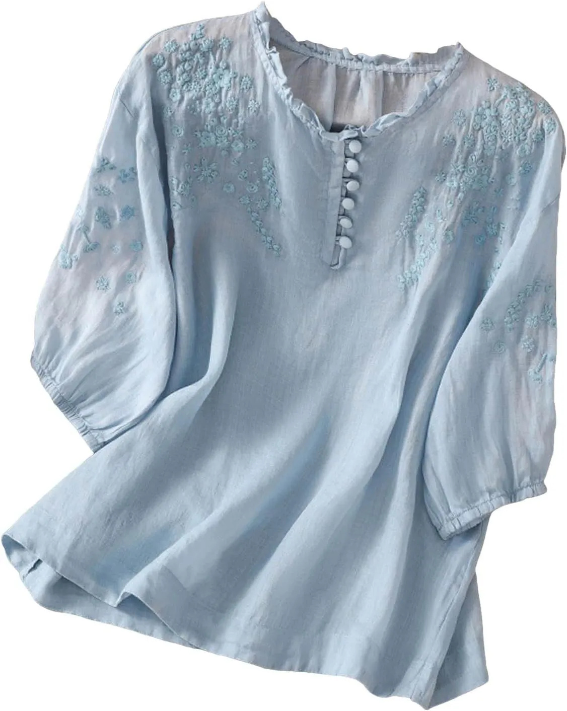 Linen Shirts for Women Summer Flowy Embroidered Cotton Peasant Tops 2025 Elbow Sleeve Cute Boho Tunic Dressy Tops