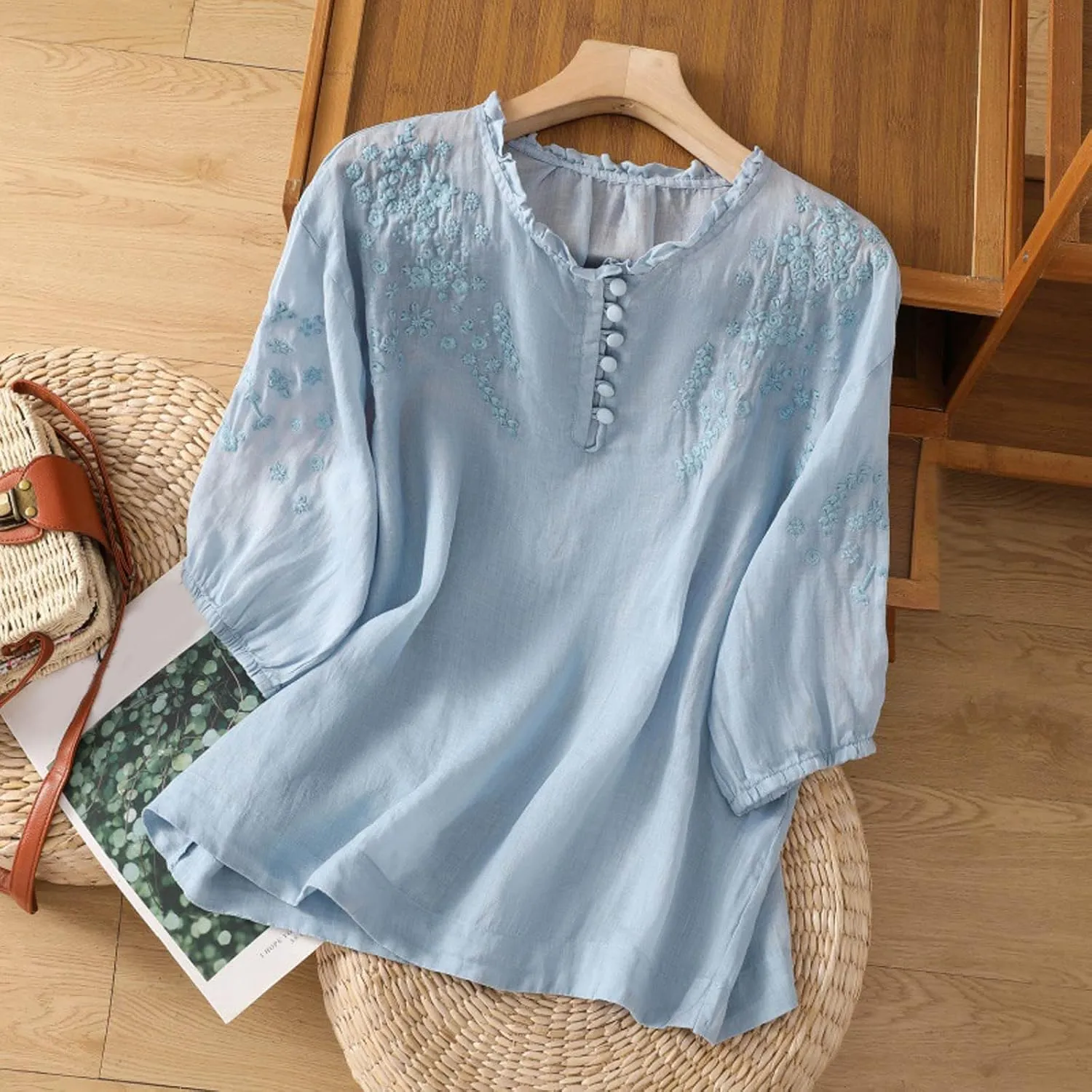 Linen Shirts for Women Summer Flowy Embroidered Cotton Peasant Tops 2025 Elbow Sleeve Cute Boho Tunic Dressy Tops