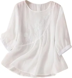 Linen Shirts for Women Summer Flowy Embroidered Cotton Peasant Tops 2025 Elbow Sleeve Cute Boho Tunic Dressy Tops