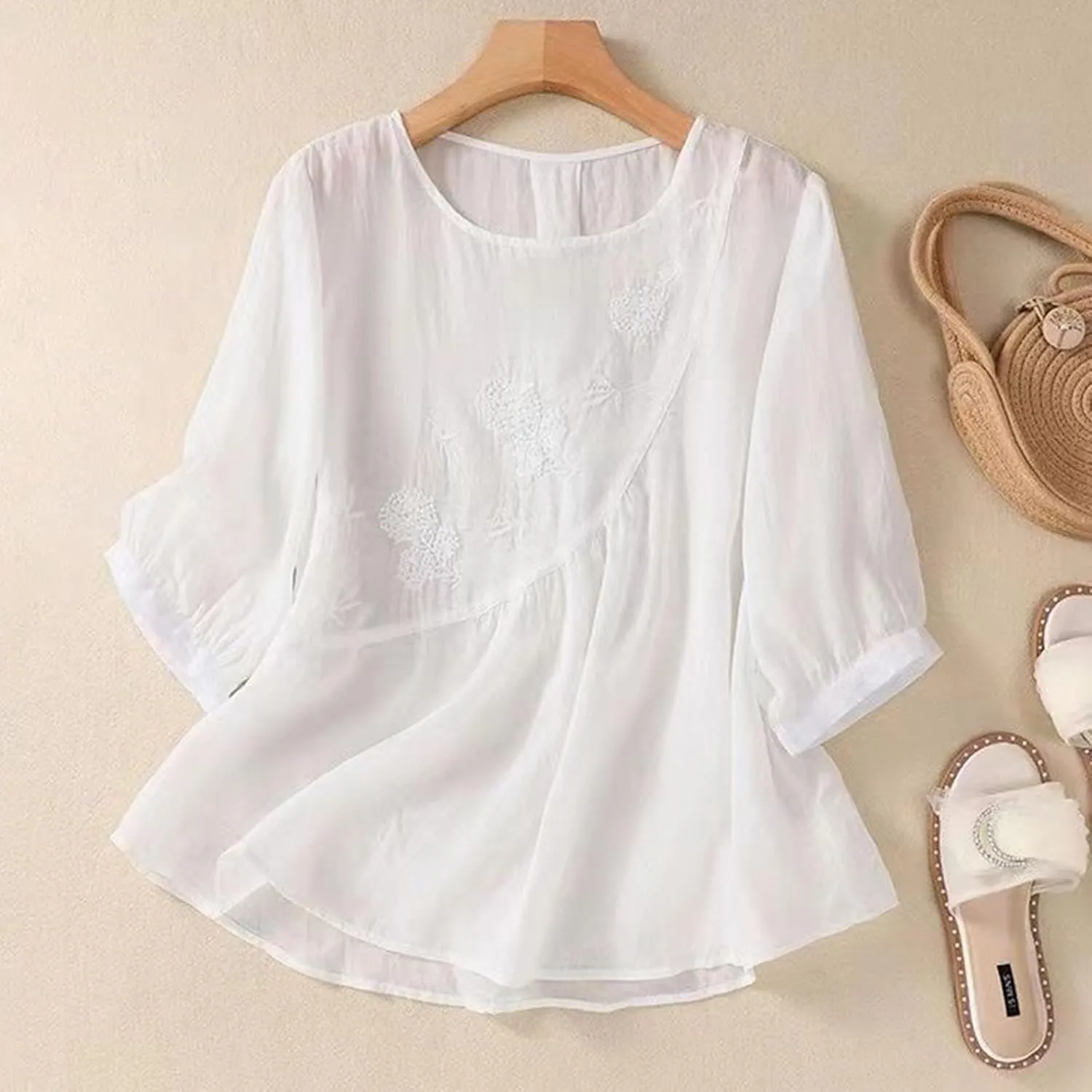 Linen Shirts for Women Summer Flowy Embroidered Cotton Peasant Tops 2025 Elbow Sleeve Cute Boho Tunic Dressy Tops