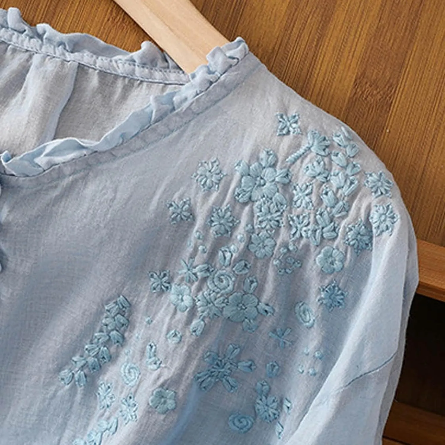 Linen Shirts for Women Summer Flowy Embroidered Cotton Peasant Tops 2025 Elbow Sleeve Cute Boho Tunic Dressy Tops