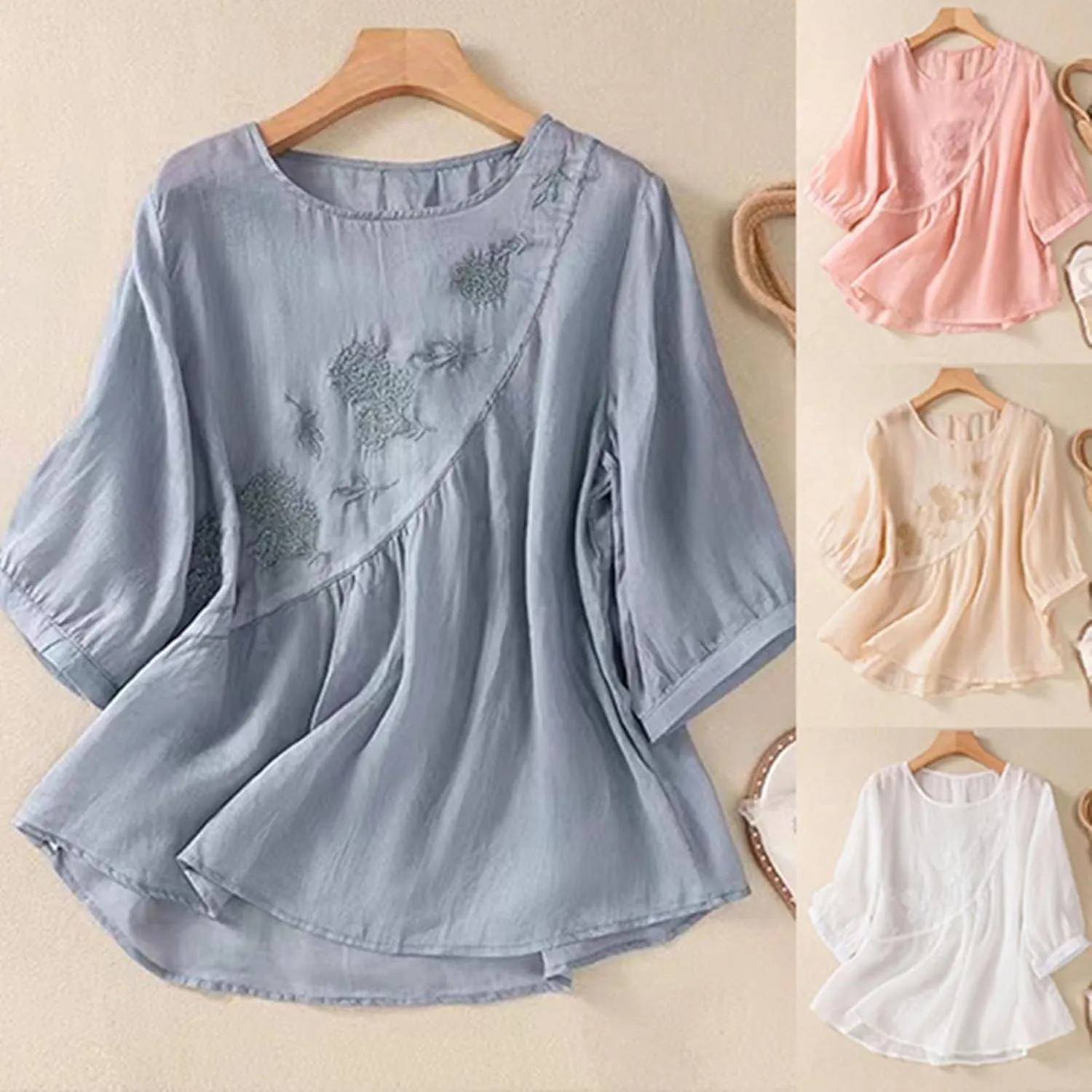 Linen Shirts for Women Summer Flowy Embroidered Cotton Peasant Tops 2025 Elbow Sleeve Cute Boho Tunic Dressy Tops